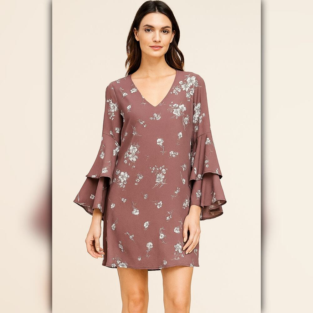 A430 β’ Light Purple Floral Bell Sleeve Mini Dress